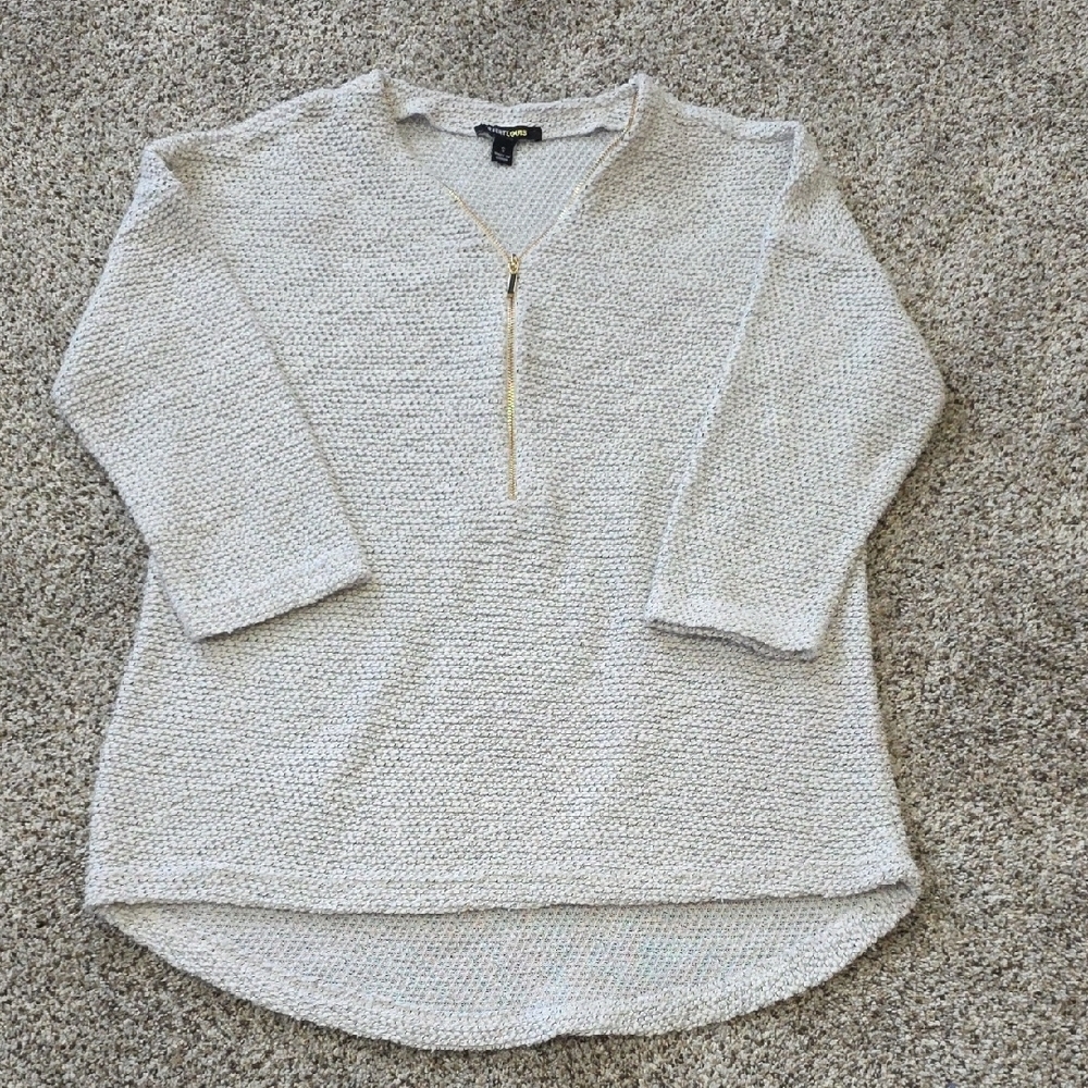 Light Gray Knit Sweater with Gold Zipper
